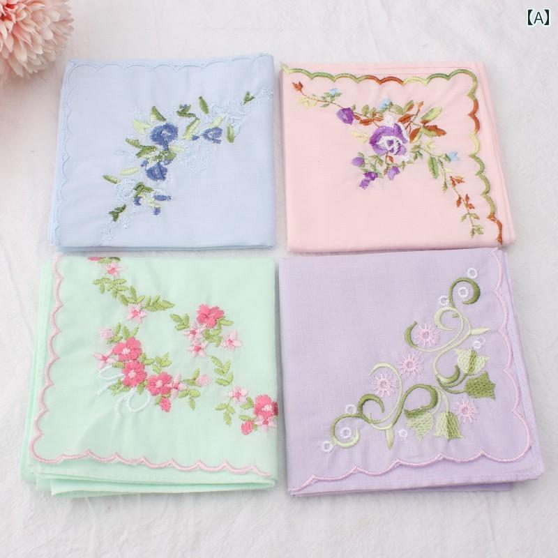 レディース ハンカチ 美しい 刺繍の レトロ 刺繍 ハンカチ 綿の 薄手 布 柔らかい 女性用 キャリーオン 汗 拭き 昔ながらの 漢服 アクセサリー 正方形の タオル