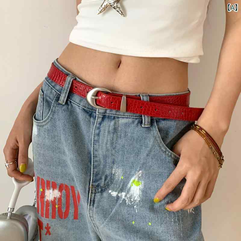 女性用 ベルト ファッション ライチ 柄 レトロ 万能 ピン バックルベルト レディース 韓国 Y2K アメリ..