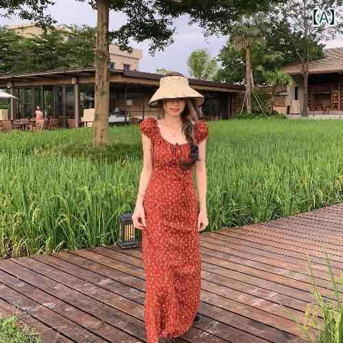 サスペンダー スカート サスペンダー スカート 大きめ サイズ mm ティーブレイク レトロ ホワイト レッド 花柄 ドレス レディース 夏 パフスリーブ ロング aライン スカート(4)