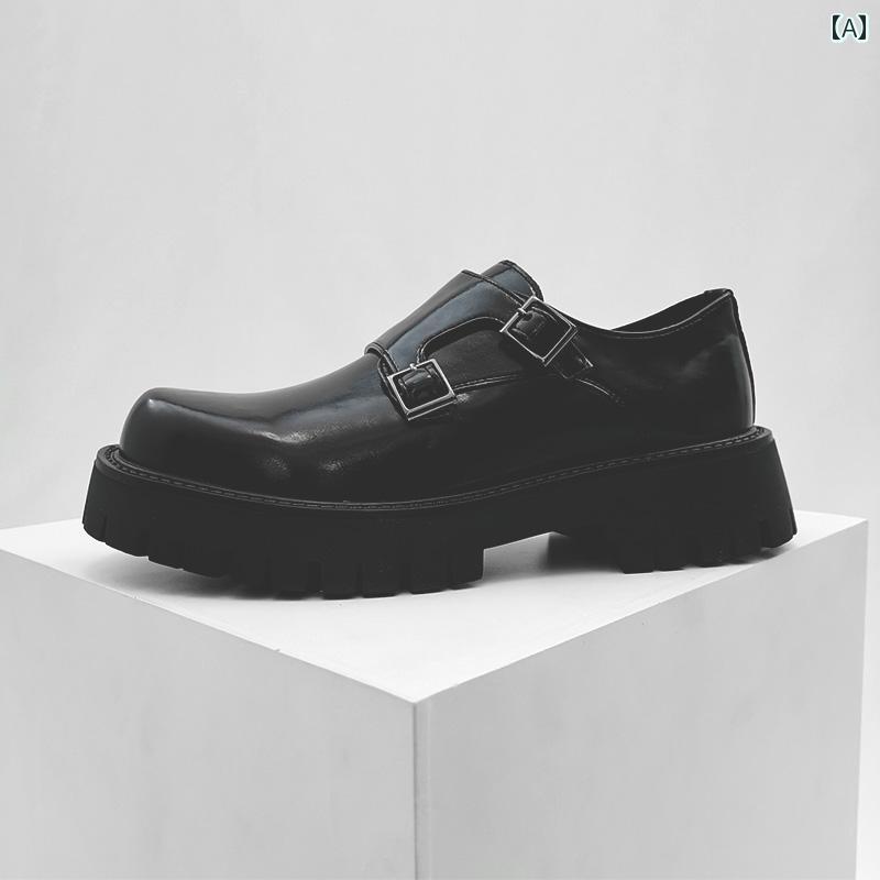 メンズローファー シューズ 英国 ヤッピー 黒の つま先が 太い 靴。 革 厚底で 身長を 高く 見せてくれる スリッポンタイプの 小さい 革靴。の メンズ 万能 ローファー。