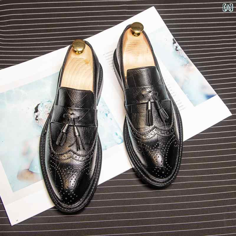 メンズローファー シューズ 秋 ブローグ メンズシューズ 韓国 英国 風 スリッポン シューズ ポインテッドトゥ タッセル カジュアル レザーシューズ メンズ