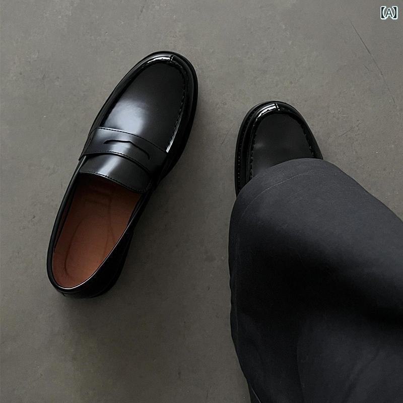 メンズローファー シューズ メンズ ブラック ダービー スリッポン ローファー 英国 風 通勤 つま先が 太い 革靴 クリーン フィット トゥシューズ
