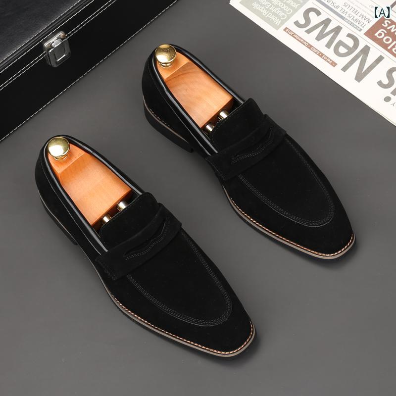 メンズローファー シューズ 2025年 英国 風 ローファー メンズ ポインテッドトゥ カジュアル レザーシューズ フロスト スエードレザー 内側 高さ アップ ソフト ソール