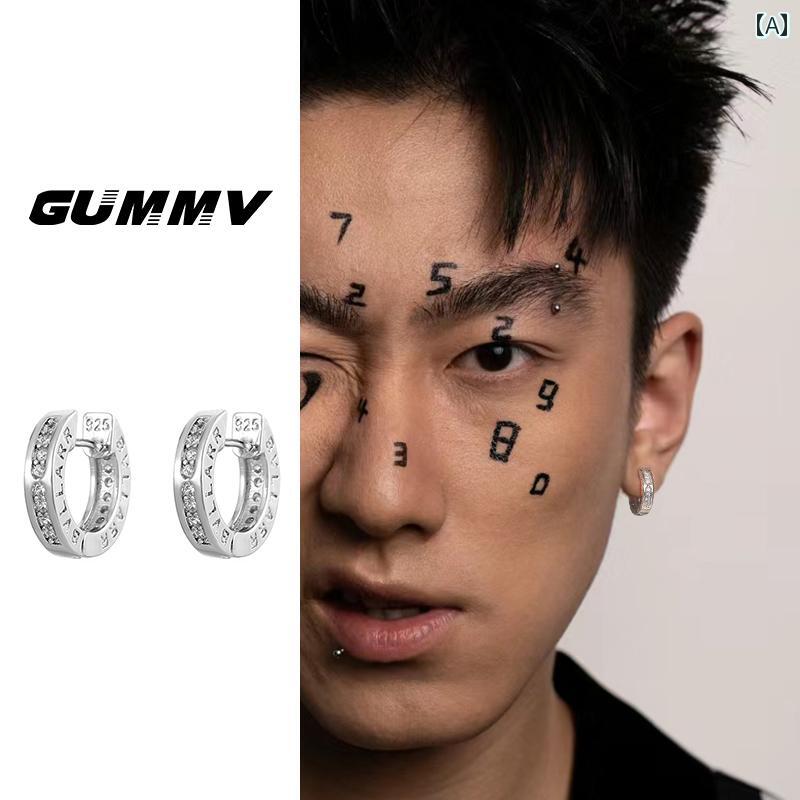 メンズイヤリング シルバー イヤリング 高級 イヤー クリップ ユニークな ヒップ ホップ アメリカン レター コールド メンズ(4)