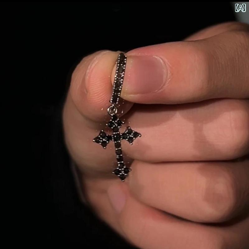 メンズイヤリング シルバー 合金 イヤリング ブラック ラインストーン ボーイズ アクセサリー レトロ クロス ヒップ ホップ ダーク