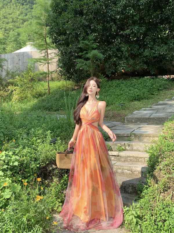 サスペンダー スカート サスペンダー スカート 海辺の 休日 美しい オレンジ色の 花柄 サスペンダー ドレス フェアリーの なのの 長い 床の 長さの ガーゼ スカート