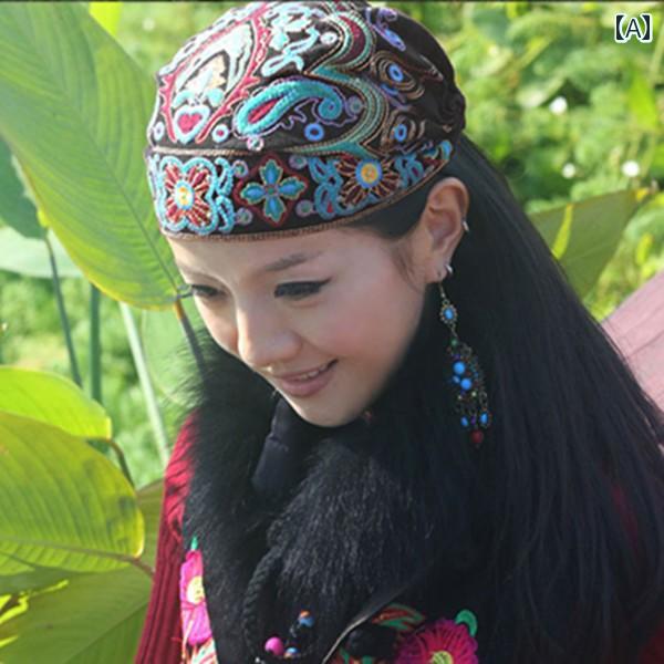 レディース ターバン ヘッドスカーフ 帽子 レディース ターバン ヘッドスカーフ 帽子 民族 風 オール シーズン レトロ レジャー 刺繍 花 スカーフ 帽子 赤 婦人 薄手 旅行 包 頭