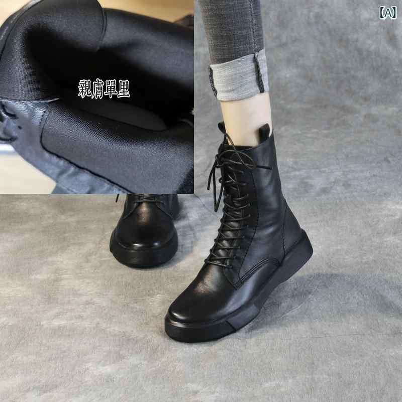 ロングブーツ レディース バイク ブーツ 牛革 英国 風 レディース 革 2024 秋冬 ソフト ソール ショート 春秋 フラット シングル