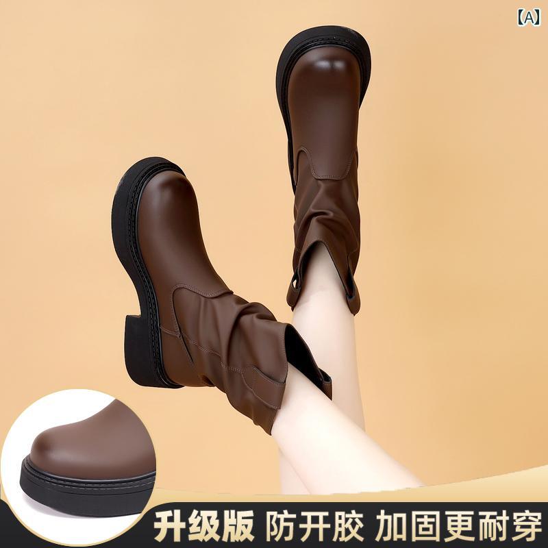 ロングブーツ レディース 韓国 袖 パイル ショート ブーツ レディース 2024秋 革 シンプル スカート 付き ラウンド ヘッド プリーツ シガレット