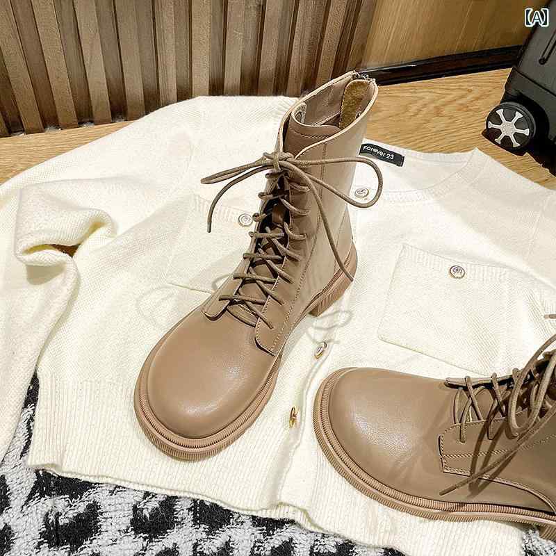 ロングブーツ レディース 女性用 ブーツ 2024 英国 風 ブラウン ソフト ソールス モール アンクルブーツ 秋冬 革 厚底 シングル