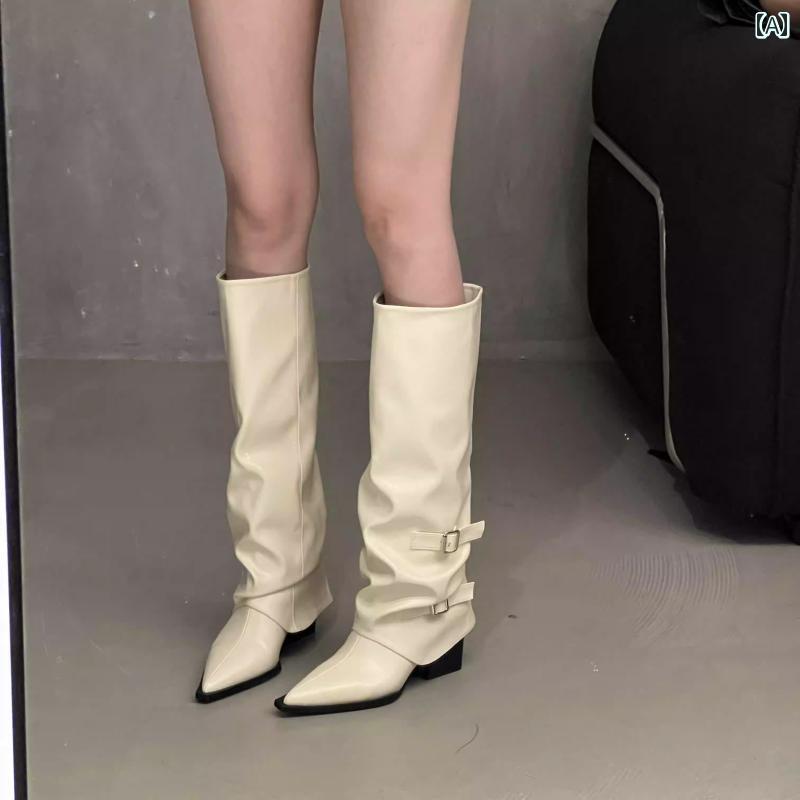 ロングブーツ レディース レトロ 厚底 ブーツ 尖った ロング レディース 2025秋冬 ブラック パイル ナ..