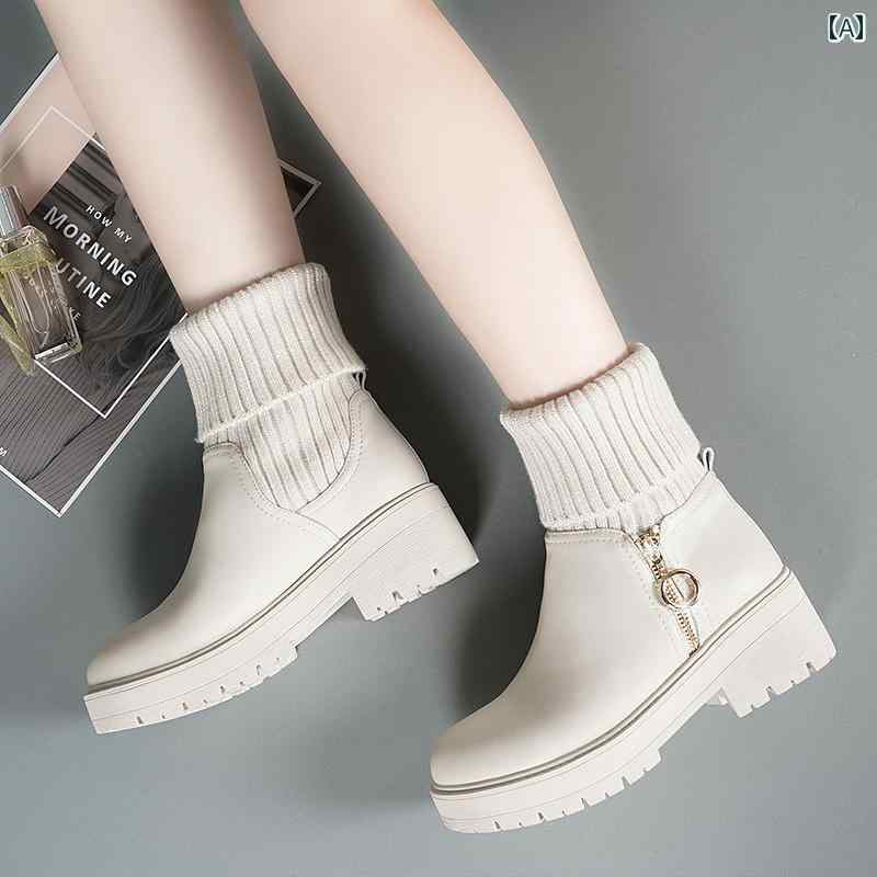 ロングブーツ レディース 冬 フラット アンクルブーツ 厚底 ベージュ ベルベット 糸入り ブーツ 英国 ..