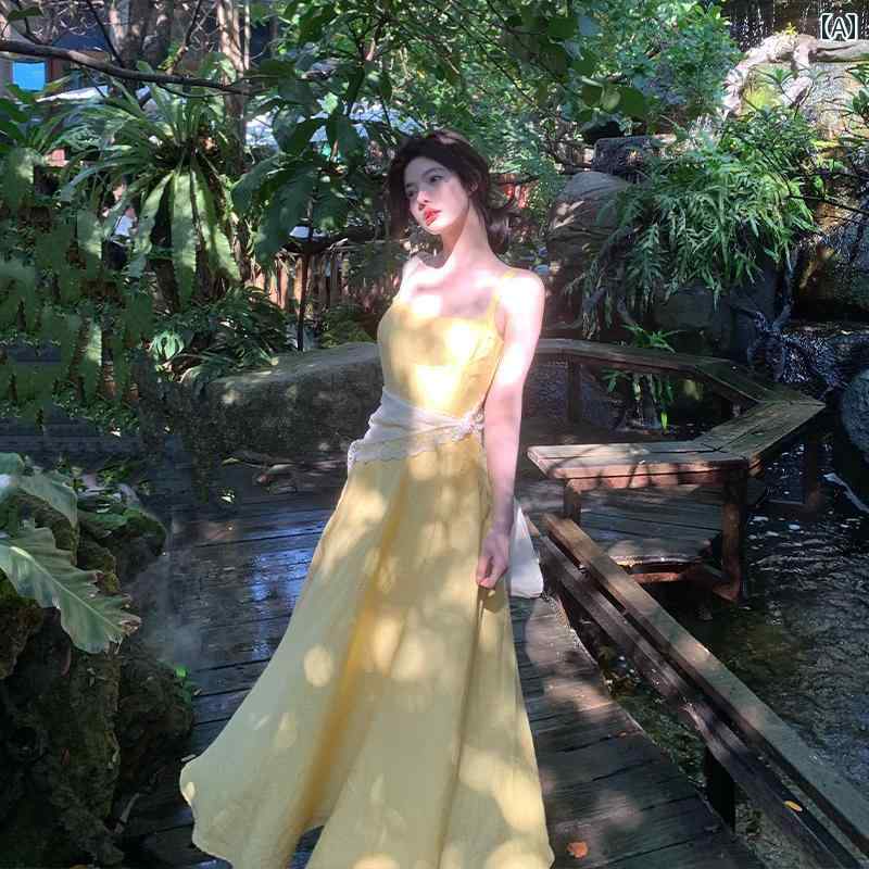 サスペンダー スカート サスペンダー スカート ロッセ ローラ サスペンダー ドレス 2025年 イエロー テクスチャー ド 生地 ハイウエスト ロング スカート