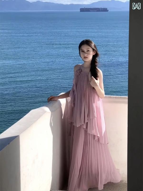 Other - サスペンダー スカート サスペンダー スカート 海辺の 休日 シフォン ロング スカート フレンチスタイル スーパー フェアリー パープル サスペンダー トップ プリーツスカート ツーピース スーツ ドレス