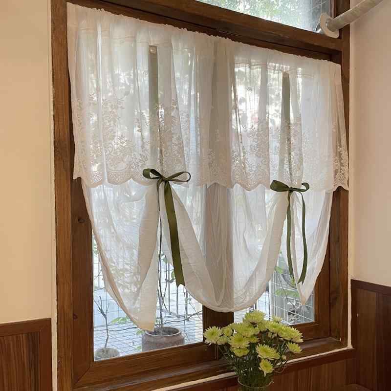 フランスの 田園 風の 緑と 白の ガーゼ アメリカン レースの プルアップ カーテン リフティング パンチ フリーの パーティション ハーフ ドア