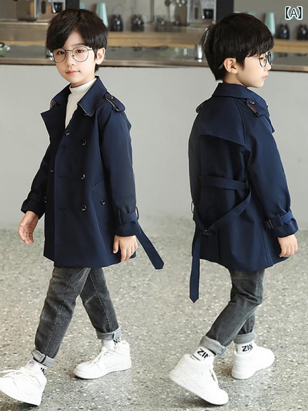 子供用 ジャケット 男の子 トレンチコート 英国 風 2025年 子供 春秋冬 ミドル 丈 コットン 厚手 トップス(4)