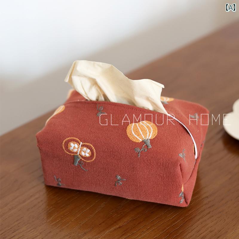 ティッシュバッグ 刺繍入り コットン 布 ティッシュ ボックス ダイニング テーブル ペーパー バッグ 車..