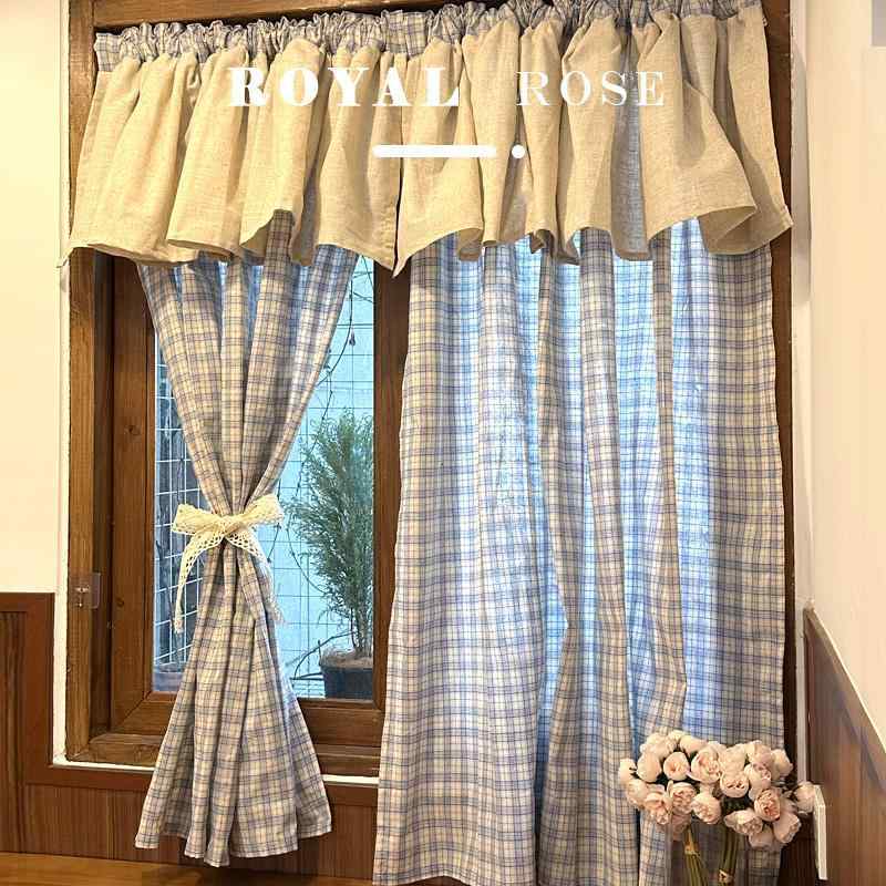 ハーフカーテン ショートカーテン フランスの レトロ 田園 風 スカイブルーの チェック 柄 アメリカン カントリー コットンと リネンの カーテン ヘッド ドア カーテンの パンチング ロッド