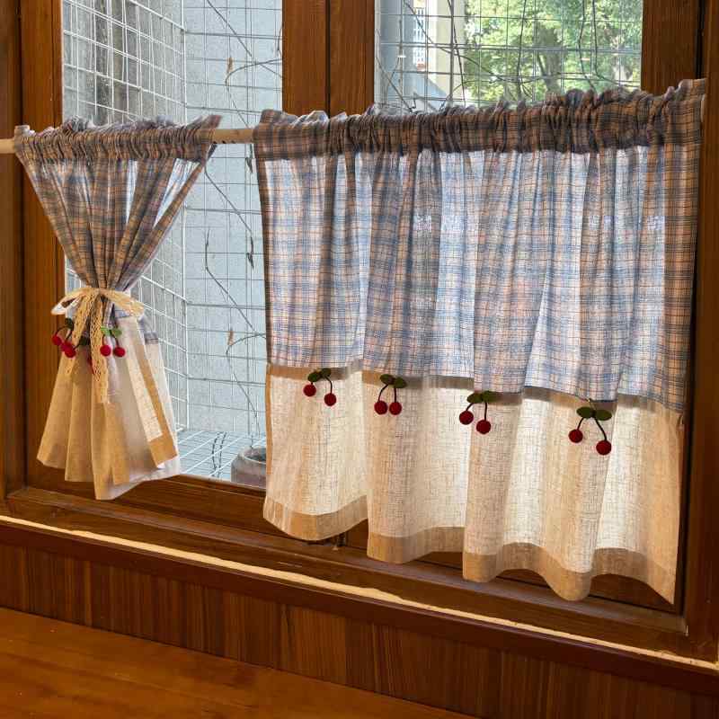 ハーフカーテン ショートカーテン コットンと リネンの 田園 風 ブルーの チェック 柄 レッド チェリーの ハーフ カーテン ショート ドア アメリカン カントリー ロッド パンチ フリーの コーヒー