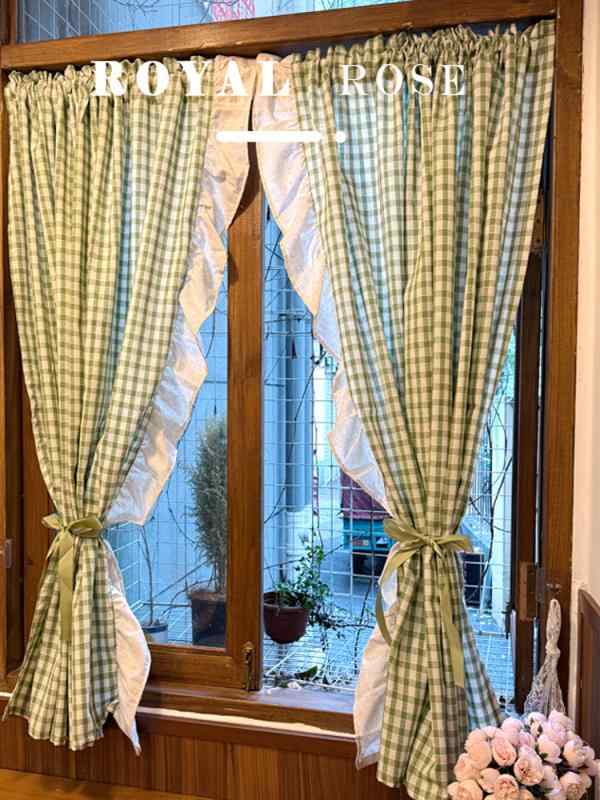 ハーフカーテン ショートカーテン アメリカン レトロ グリーン チェック 柄 コットン＆ リネン フリル ドーパミン カーテン ドア ハーフ ロッド ブラック アウト