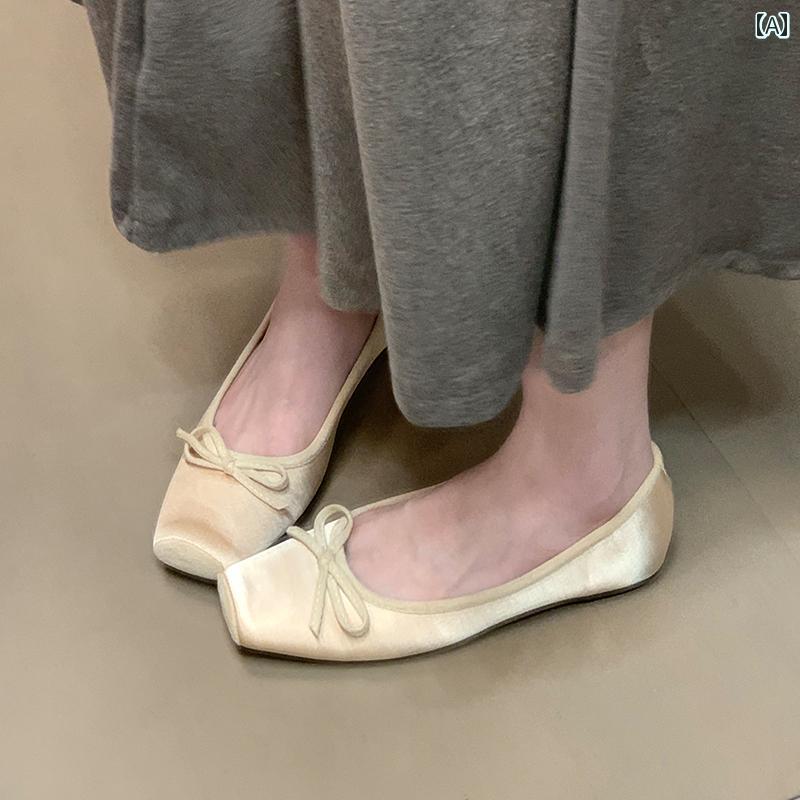 女性用 フラット シューズ オーシャン ワンの フレンチ イブニング スタイル スクエアトゥ バレエ フラット シューズ サテンリボン