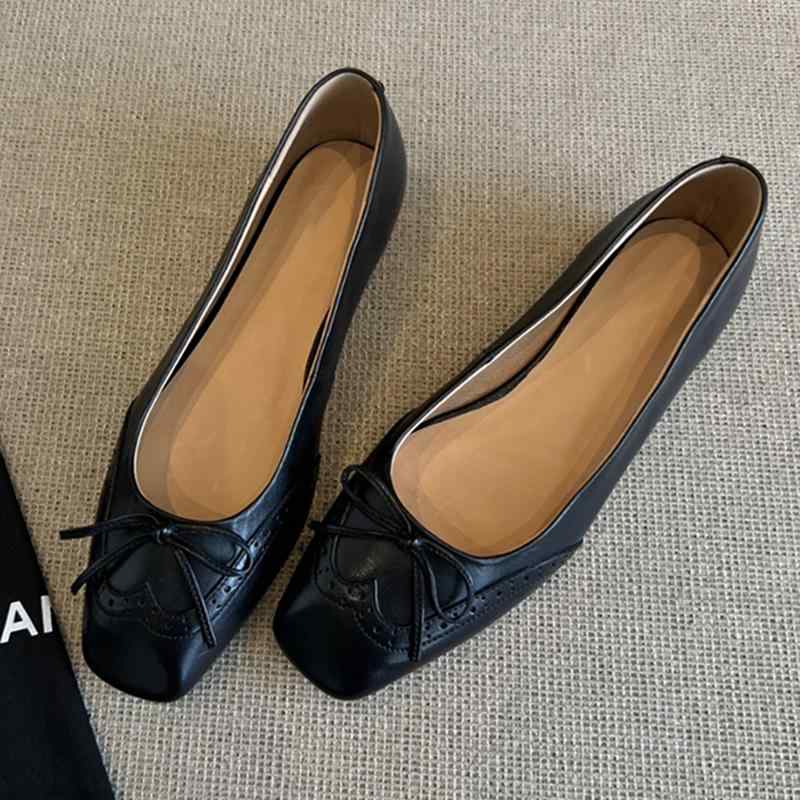 女性用 フラット シューズ シープスキン 革 ソフトな フレンチ 美しい シングル シューズ 女性用 フラットソールの 浅い 口の バレエ スクエアトゥの ボウ 付き メリージェーン