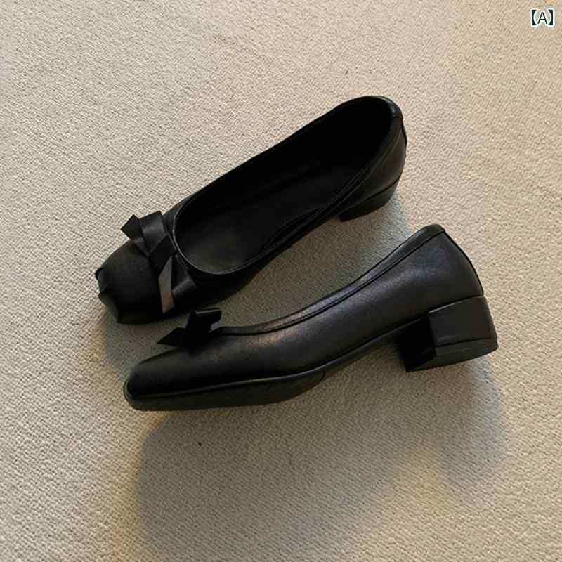 女性用 フラット シューズ シープスキン レトロ スクエアトゥ バレエ シューズ レディース 厚底 ヒール ブラック 革 蝶 結び 浅 履き 通勤 レディースシューズ