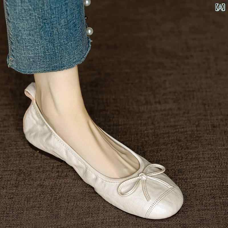 女性用 フラット シューズ レディースシューズ 春秋 ボウ シングル シューズ レディース ラウンドトゥ ソフトレザー モカシン フラット バレエ