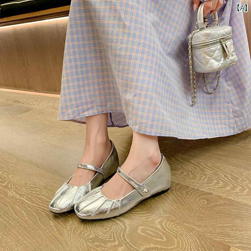 女性用 フラット シューズ フレンチ シルバーの イブニング メリージェーン レディースシューズ 2024夏の 内側の 高さ アップ プリーツ バレエおばあちゃん シューズ シングル