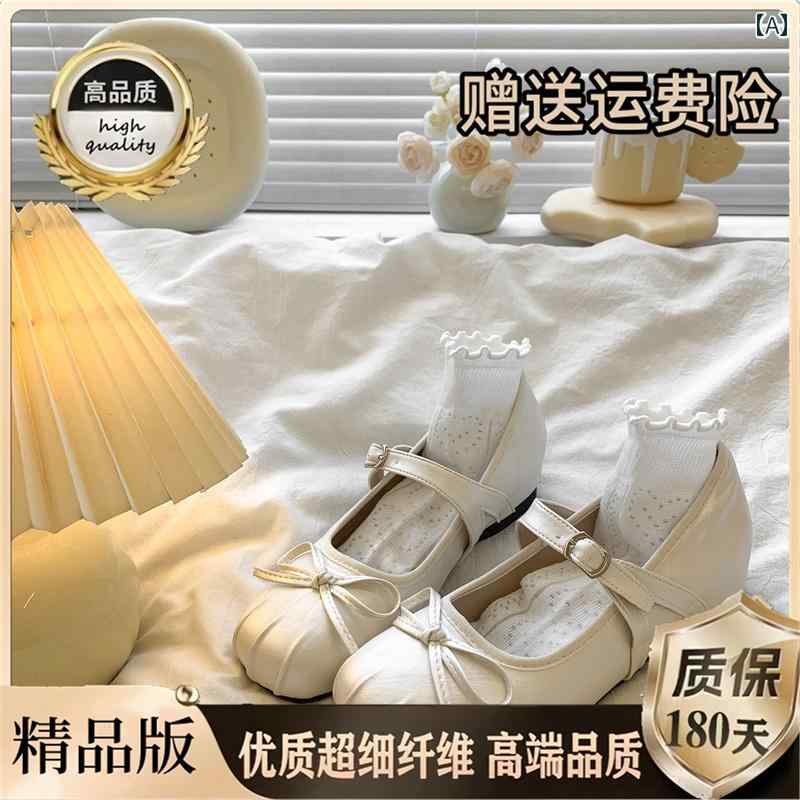 女性用 フラット シューズ シルバーの メリージェーン バレエ シューズ 女性用 2025夏の フレンチ ボウ フラットボトム ハイヒール JK スモール レザーシューズ