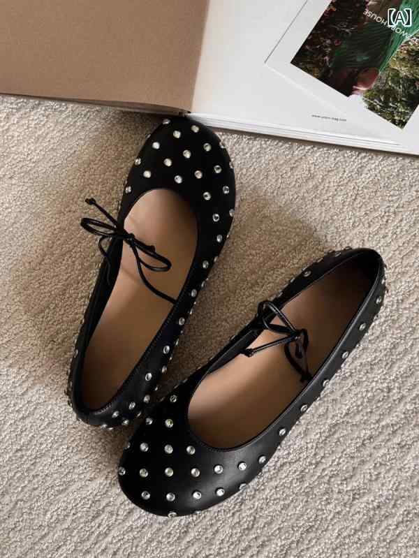 女性用 フラット シューズ シープスキン ラウンドトゥの ラインストーン メリージェーン シューズ 蝶 ネクタイ 付き フラット バレエ の 浅い 靴