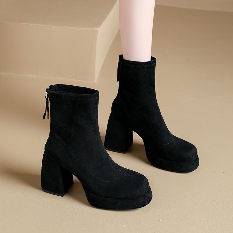 レディース ショートブーツ 秋冬 革 スエード 厚底 ヒール＋ ベルベット ショート ブーツ レディース 2..