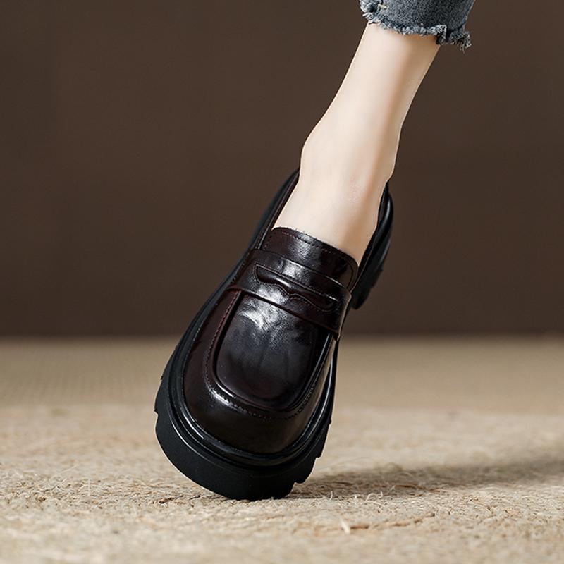 カジュアルローファー 厚底 ラウンドトゥの 英国 風 レザーシューズ 春秋用 スリッポン ローファー 2024年 レディースシューズ フレンチスタイル シングル シューズ