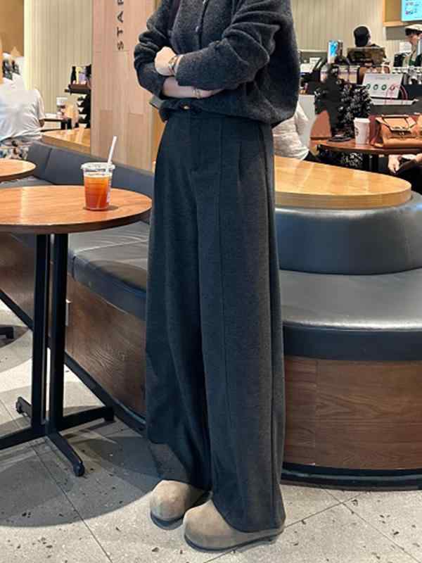 カジュアル ワイドレッグ レディース ダーク グレーの ゆったり カジュアル パンツ レディース 2025 秋 大きいサイズ mm ウール ワイド レッグ ハイウエスト スリム もち米