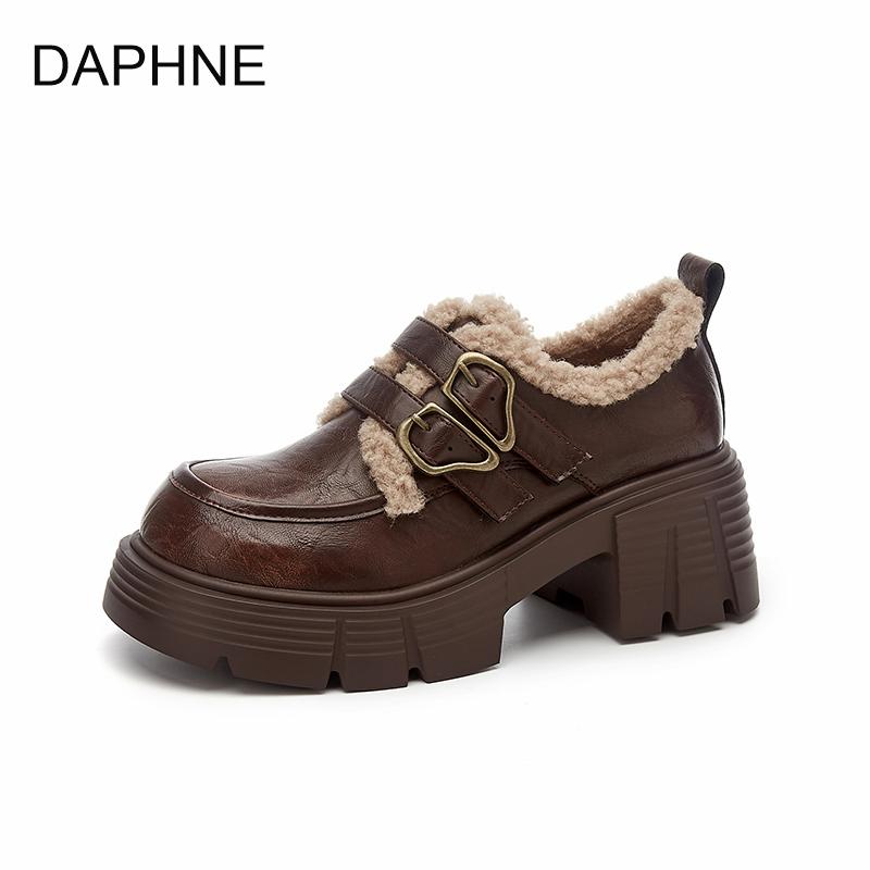 カジュアルローファー ダフネ 革 厚底 ローファー 2024冬 ブラウンレザー シューズ 裏起毛 暖かい ファー コットン レディース