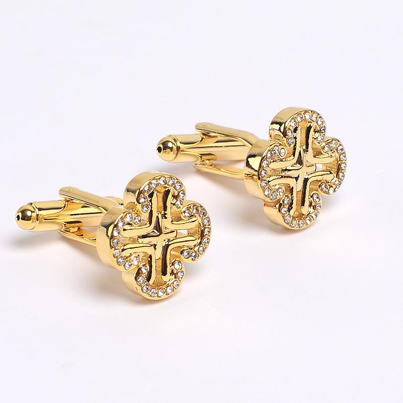 メンズカフスボタン なの 四つ 葉の クローバー ラインストーン カフスボタン メンズフォーマル フレンチ シャツ ボタン カフス スタッド ゴールド＆ シルバー