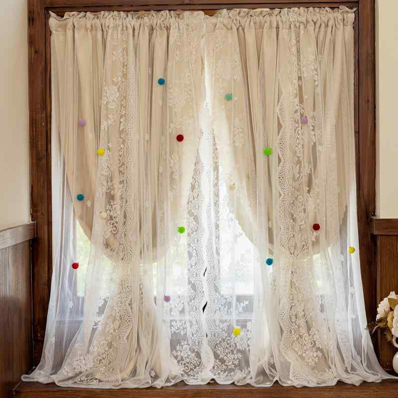 レース フレンチ ショートカーテン ドーパミン フレンチクリーム 寝室 レース 遮 光 ライト 高級 カーテン 糸 二 重層 布 ワンピース パンチ フリー