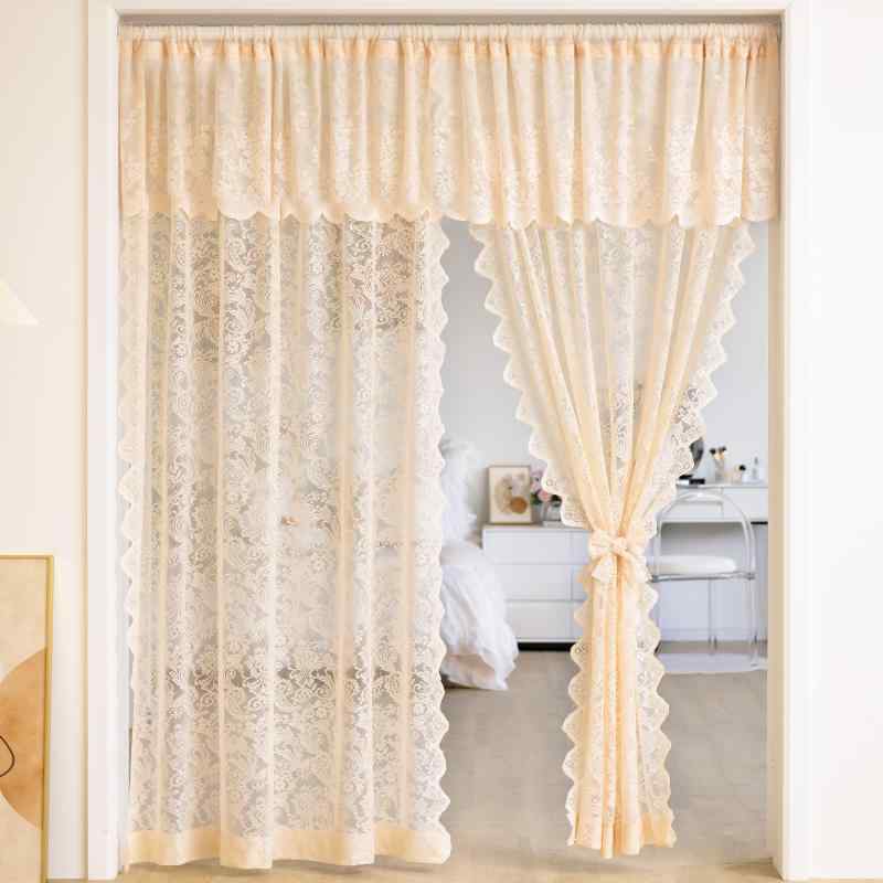 レース フレンチ ショートカーテン フレンチ ライト 高級 ミルクティー カラー レース ガーゼ カーテン..