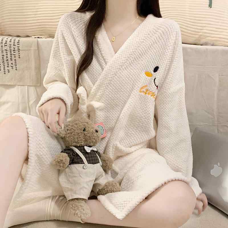 女性用ナイトガウン ナイトガウン レディース 冬 フランネル 厚手 アウター バスローブ ハイエンド ゆ..