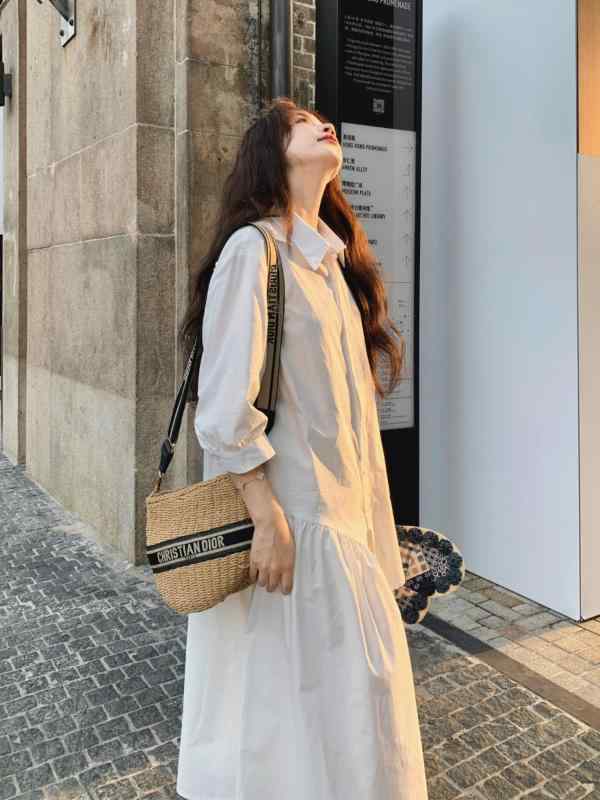 エレガントなシャツワンピースレディース ミルク ブルーの ゆったり 大きめ サイズ 太めの mmの ドレス シャツ カジュアル 韓国 妊婦用 ロング スカート