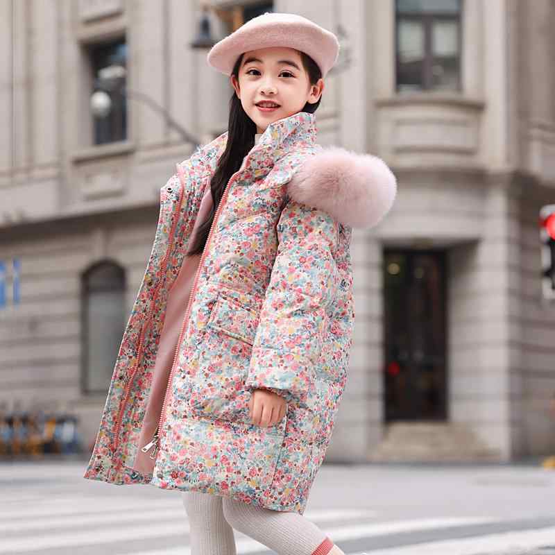 子供用ダウンジャケット Balazhong ビッグ 子供用 ダウン ジャケット 女の子 スタイル ミドル丈 膝丈 花柄 ホワイトダックダウン 厚手