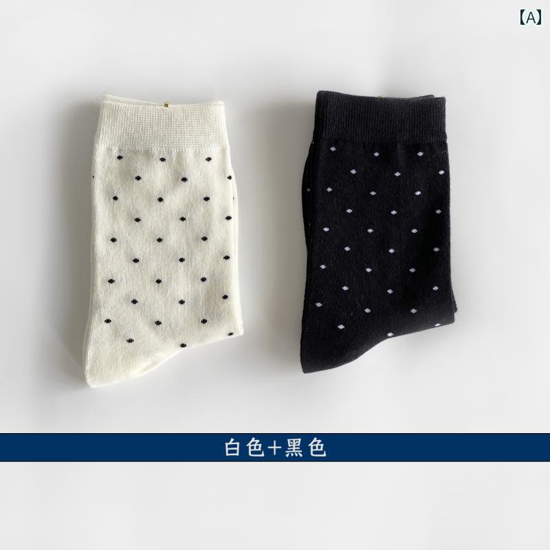 ドットのソックス レディース 綿 ソックス 全身 ドット 柄 秋 ミドル チューブ カジュアル 無地 白黒 骨なし 縫い目なし