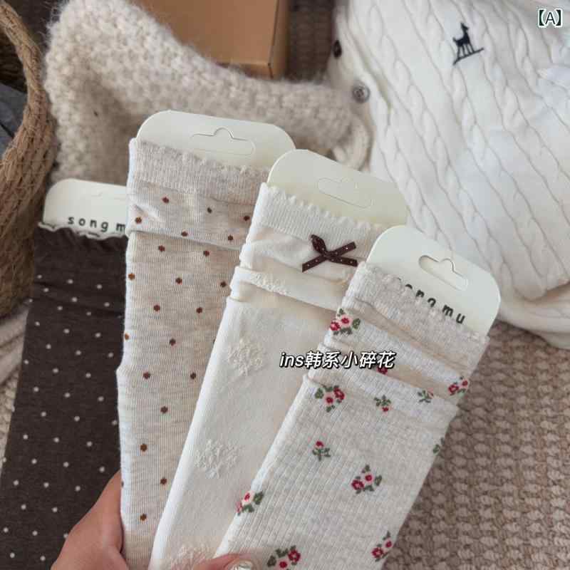 ドットのソックス 3 足 セット ソンム オートミール カラー 韓国 リボン 水玉 フローラル パイルソック..