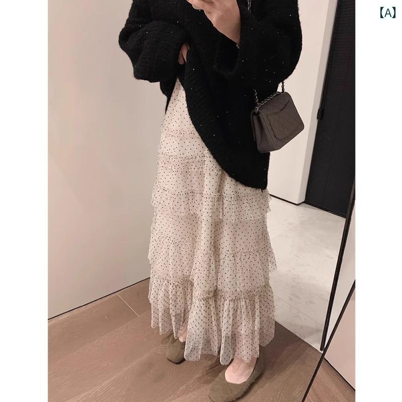 ドット柄スカート レディース フリル 水玉 スカート 女性 夏 フレンチ レトロ プチ シフォンケーキ メッシュロングスカート