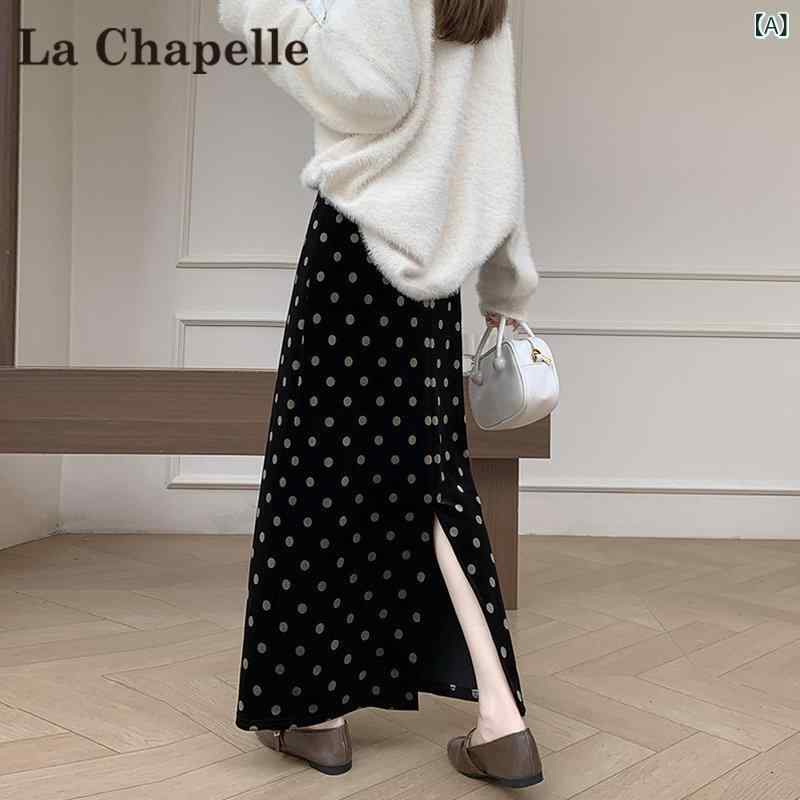 ドット柄スカート レディース La Chapelle ブラックゴールド ベルベット 水玉 スカート レディース 秋 スリット ストレート ハイウエスト aライン ヒップ