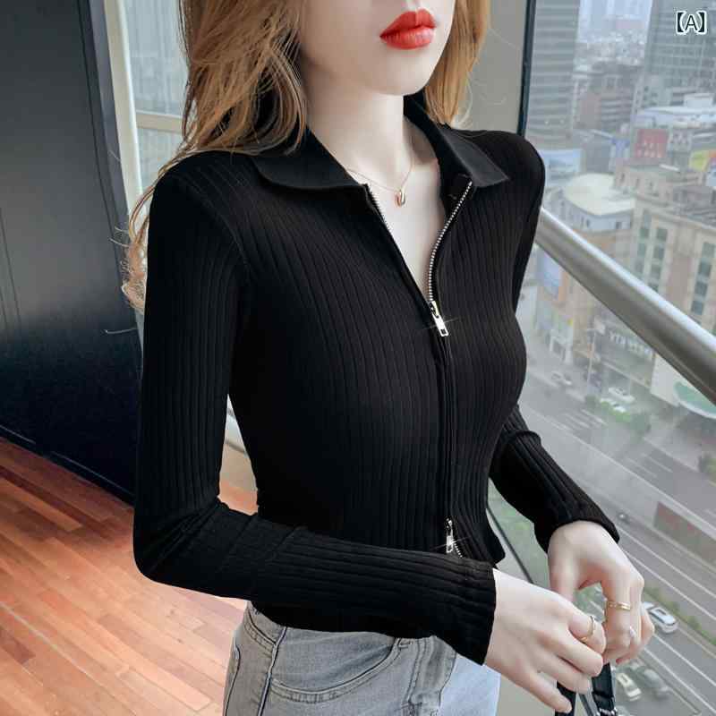 黒ニットカーディガン 2024年 初春 ニットカーディガン ジャケット レディース ブラック ジッパー セー..