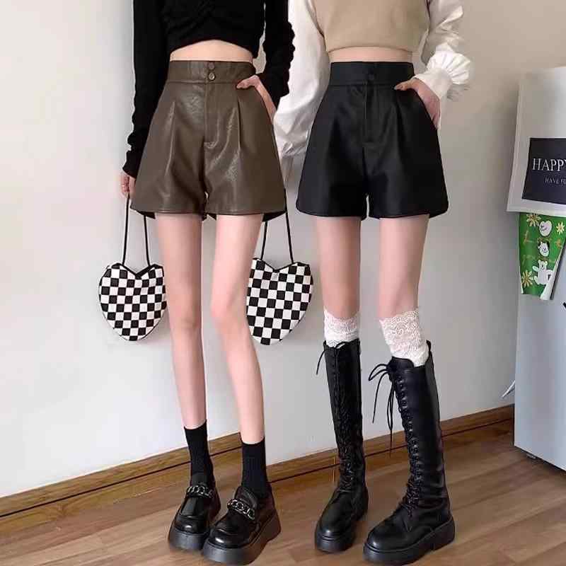 ショートパンツ レディース 合成皮革 カジュアル ハイウエスト Aライン ワイドレッグ ゆったり ビッグシルエット 脚痩せ 小柄向け 秋 スタイルアップ 普段使い
