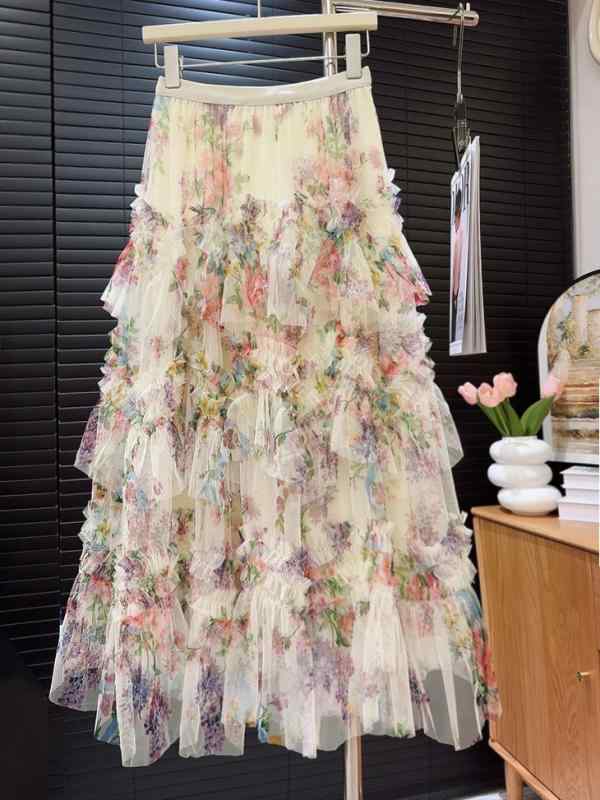 樂天商城 - ロングスカート レディース チュール 花柄プリント 切り替え 小花柄 ふんわり フレア ボリューム シルエット パーティー ドレスアップ ガーデン カジュアル