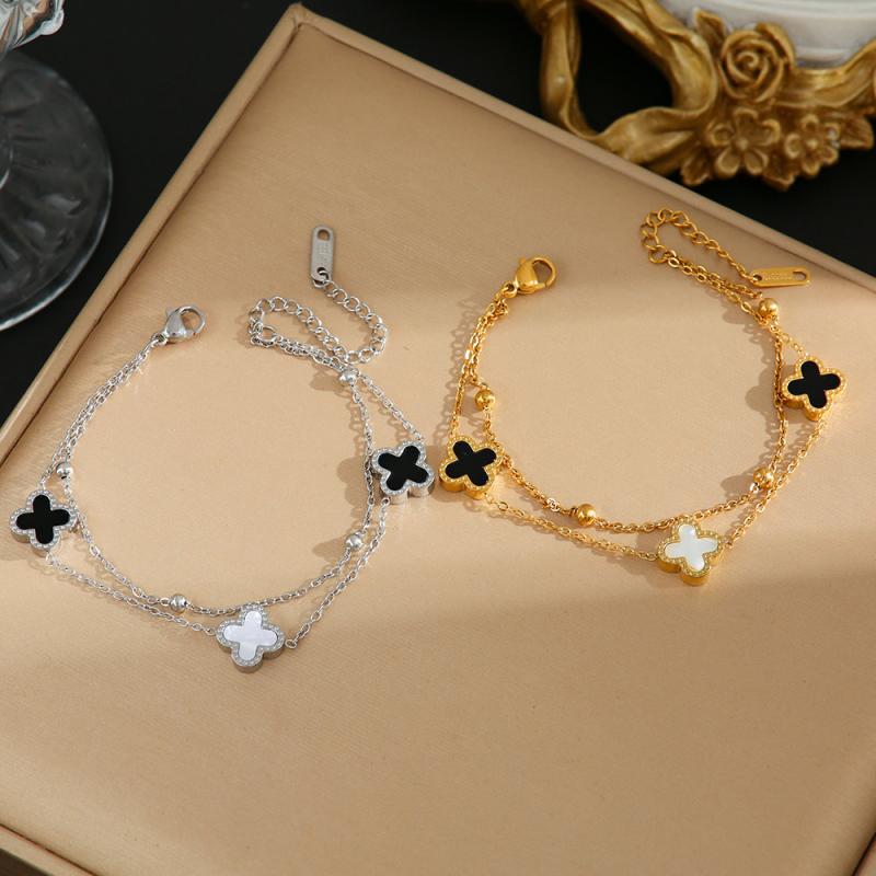 Jade - ブレスレット 女性用 韓国 シンプル 四つ葉のクローバー 両面デザイン 二重チェーン チタン鋼 18Kゴールド加工 かわいい エレガント ファッション アクセサリー ラッキーアイテム 軽量 耐久性