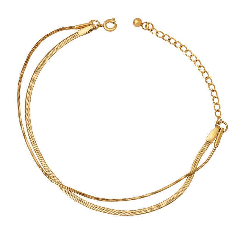 White Coral - ブレスレット スネークチェーン 二重レイヤー ダブルリング デザイン ゴールドメッキ ステンレス 素材 ベーシック スタイル 軽量 耐久性 女性用 アクセサリー ジュエリー 普段使い